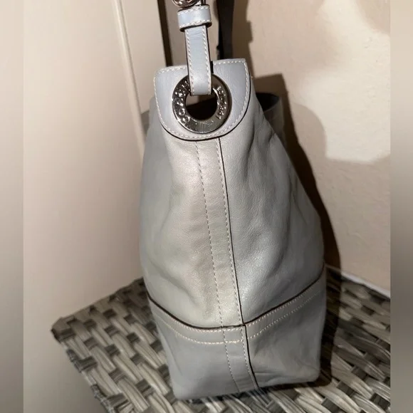 Coach Gray Leatherware Shoulder Bag Bucket Hobo Tattersall Plaid lining Z17197 - Picture 5 of 16